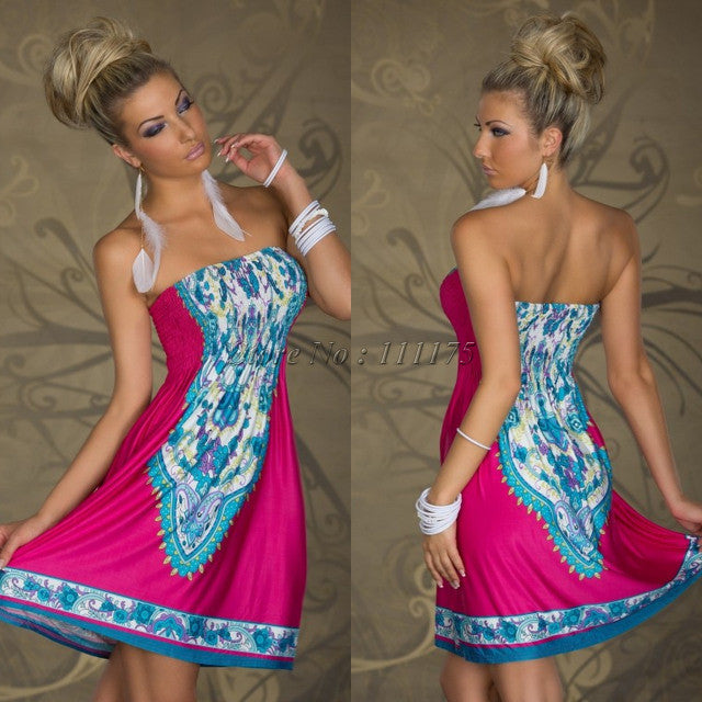 Sexy Strapless Floral Print Pleated Short Beach Dress