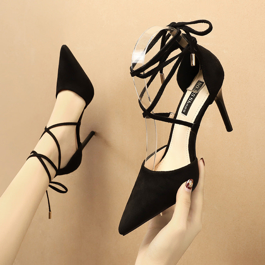  Fashion Suede Pointed Cross Tie Bow High Heel Shoes Night Shop Sexy Slim Heel Women's Shoes