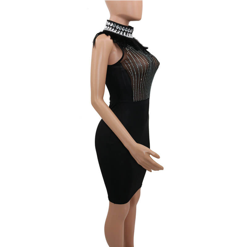 Sequin See Through Fur Knee Length Dress