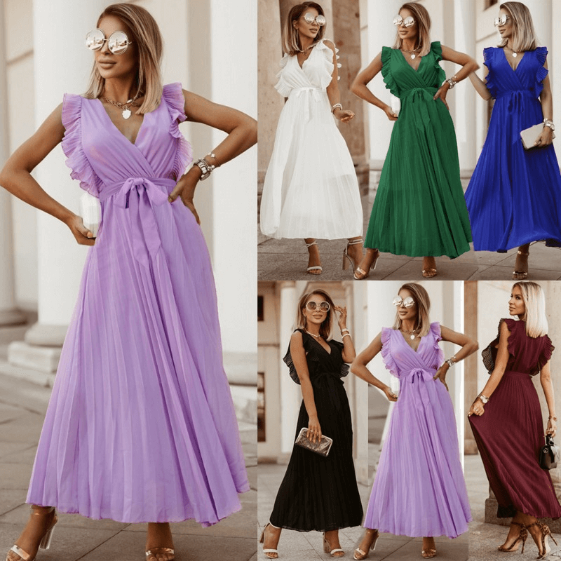 Fashionable Slim Fit Ruffled Chiffon Pleated Dress