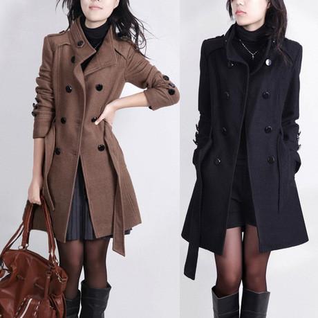 Stand Collar Double Button Belt Slim Plus Size Woolen Coat - Meet Yours Fashion - 2