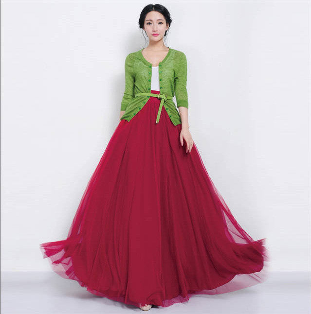 Pure Color Multi-Layer Mesh Long Skirt With Lace Belt