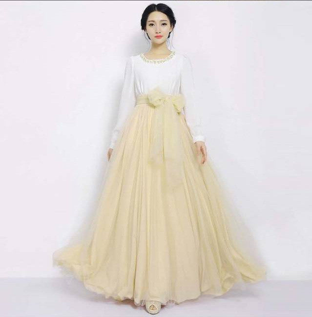 Pure Color Multi-Layer Mesh Long Skirt With Lace Belt