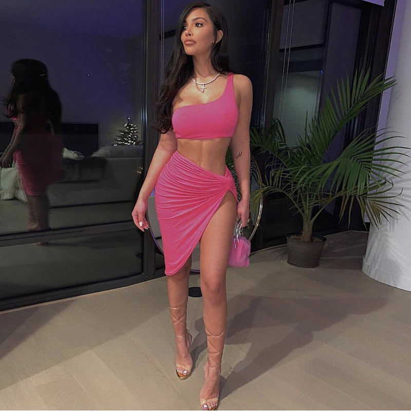 Bandage Crop Top with Irregular Long Skirt Club Dress Set