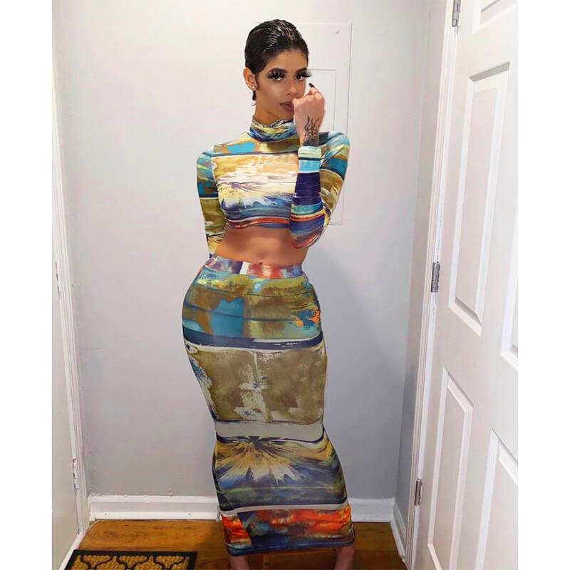 Sexy Print Long Sleeve High Waist Bodycon Slim Two Pieces Set