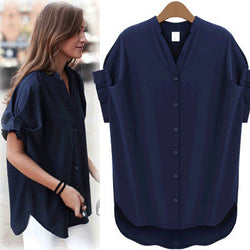 Little Stand V-neck Pure Color Short Sleeves Sexy Blouse - May Your Fashion - 3