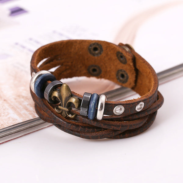 Beaded Flower Woven Leather Bracelet