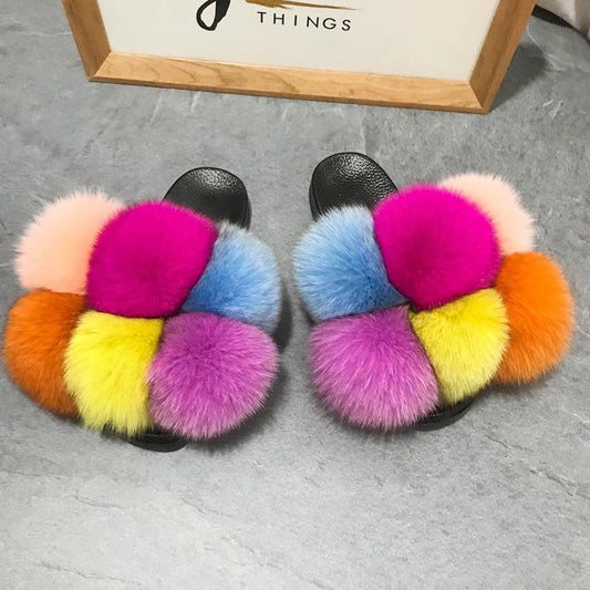 Color Matching Large Fur Real Natural Fox Fur Slides Colorful Fluffy Fur Slides Sandals Slippers Fashion Women Shoes