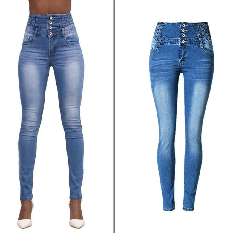 High Waist Elastic Buttons Denim Blue Slim Pants