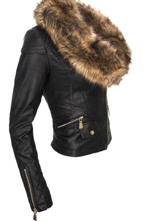 Black Faux Fur Collar Oblique Zipper Crop PU Jacket - May Your Fashion - 1