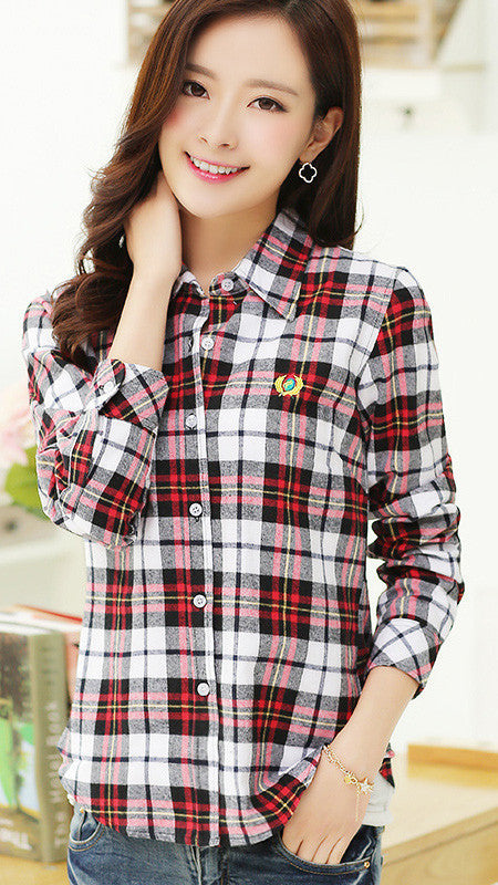 Plaid Turn-down Collar Flower Print Long Sleeves Slim Button Blouse ...