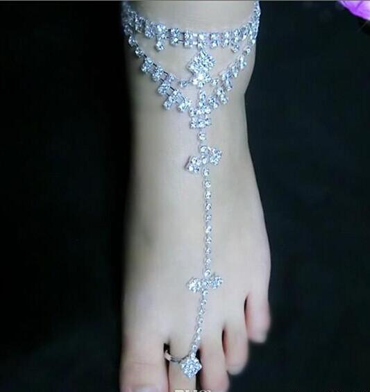 Hot Fashion Women Foot Chain Rhinestone Barefoot Wedding Bride Anklets With Toe Ring