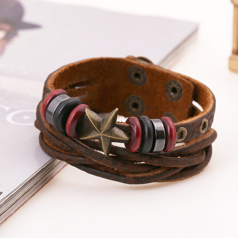 Retro Star Leather Woven Braided Bracelet