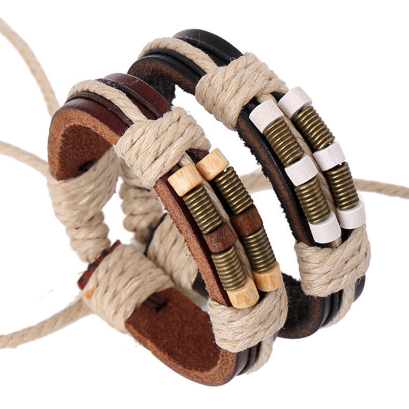 Bronze Spring Wooden Ball Leather Bracelet