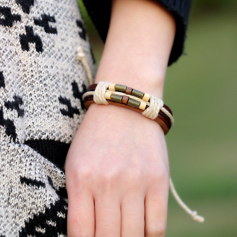 Bronze Spring Wooden Ball Leather Bracelet