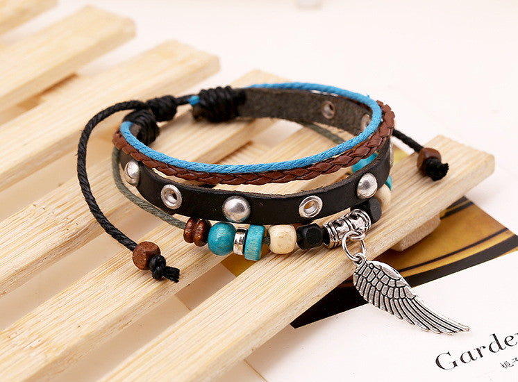 Retro Style Beaded Wing Leather Bracelet