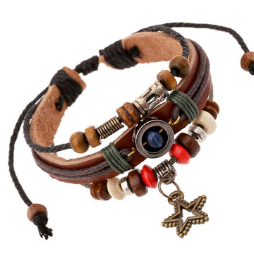 Vintage Star Pendant Beaded Leather Bracelet