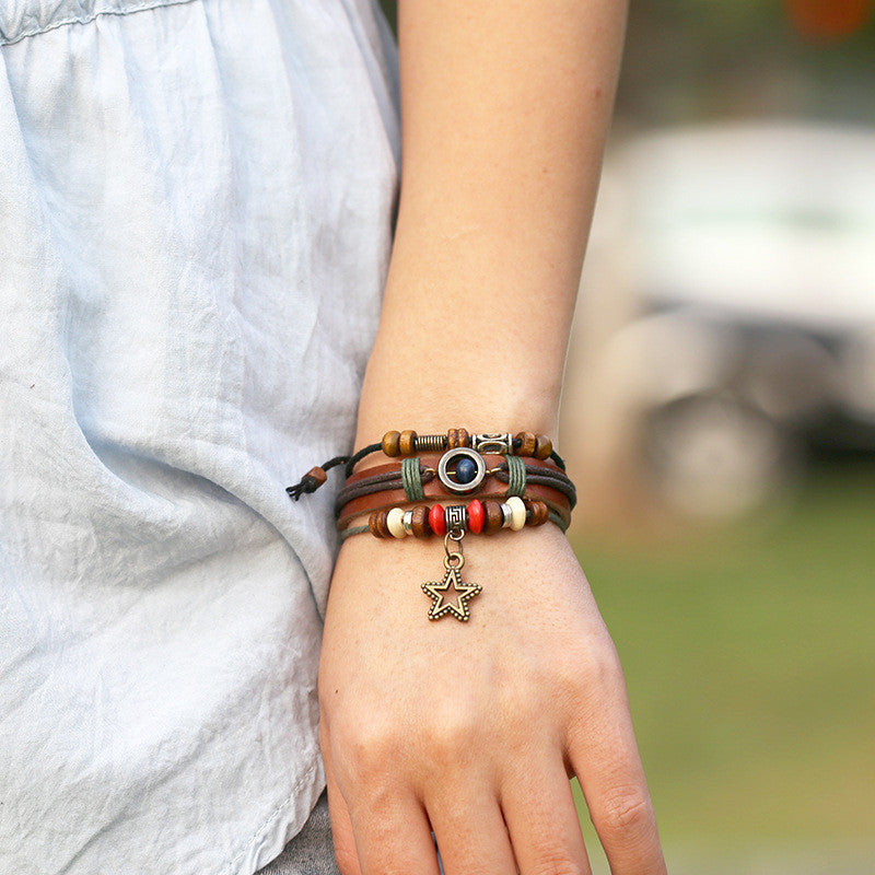 Vintage Star Pendant Beaded Leather Bracelet