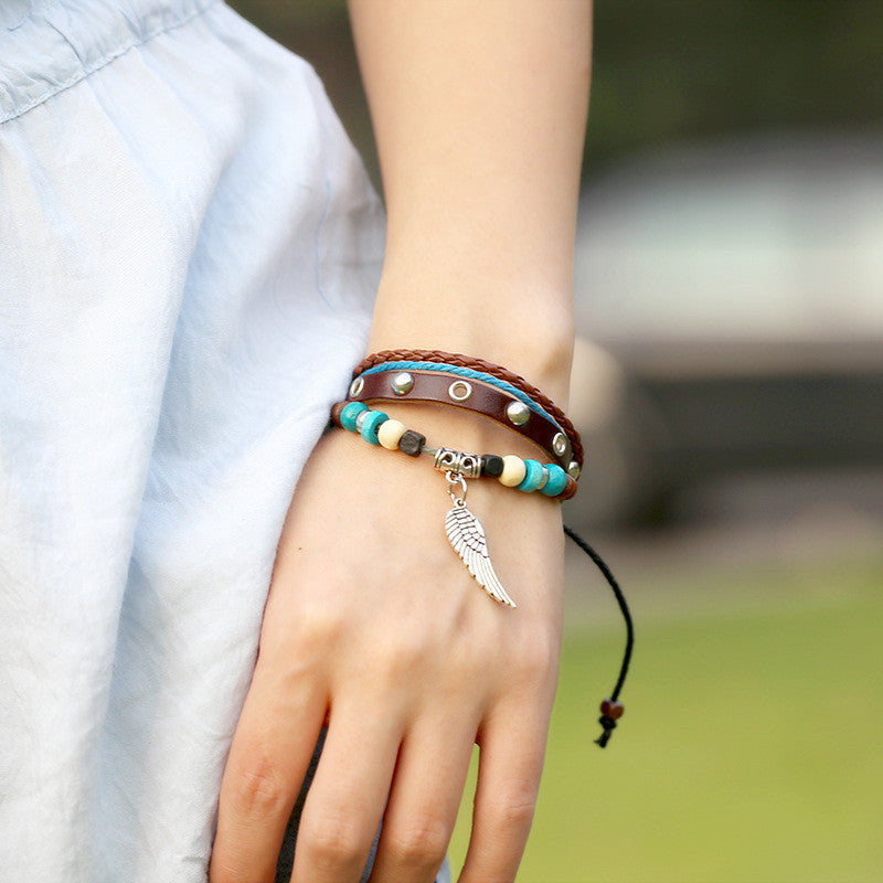 Retro Style Beaded Wing Leather Bracelet