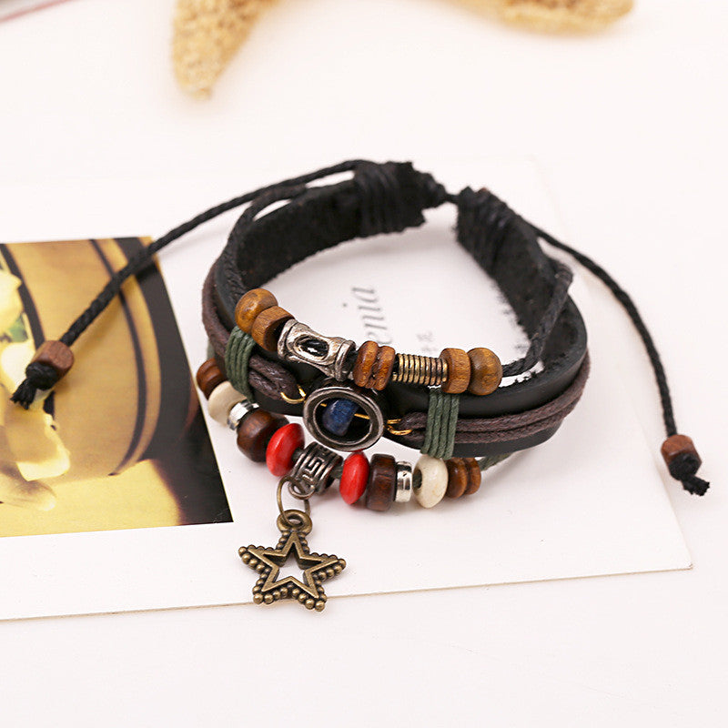Vintage Star Pendant Beaded Leather Bracelet
