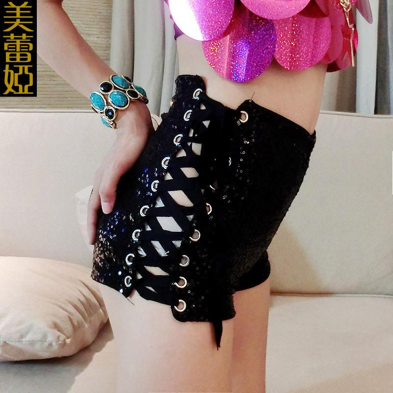 High Waist Sequins Side Lace Up Dance Shorts