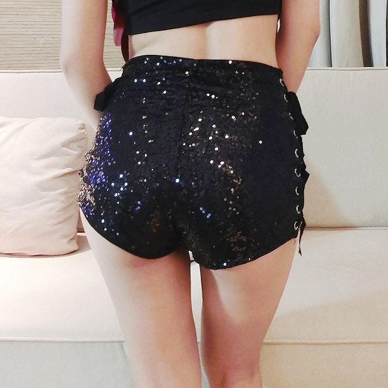 High Waist Sequins Side Lace Up Dance Shorts