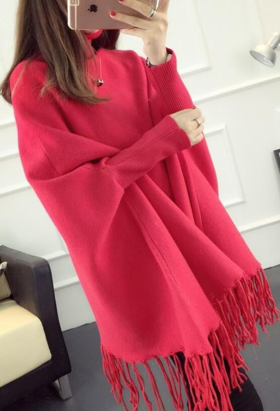 Fashion High Neck Tassel Cloak Sweater