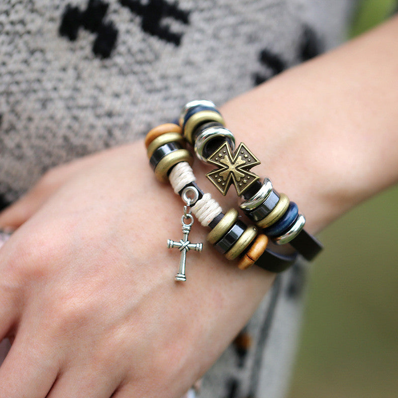 Cross Beaded Multilayer Leather Bracelet