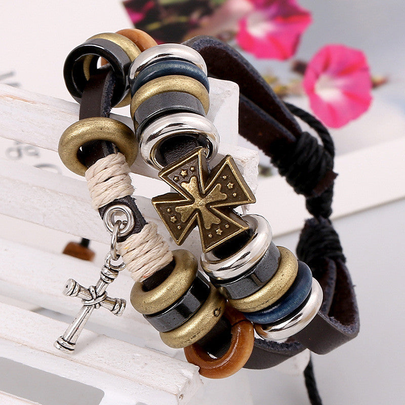 Cross Beaded Multilayer Leather Bracelet