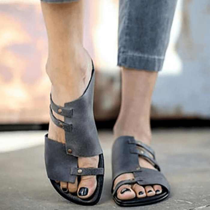 Flat Leather Cutout Slide Open Toe Sandals