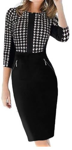 V-neck 3/4 Sleeves Contrast Color Pencil Zipper Slim Knee-length Dress