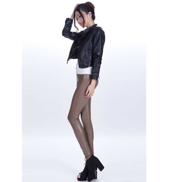Pure Color Regular Waist PU Slim Leggings