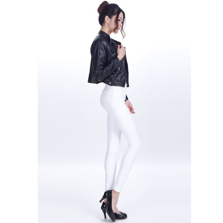 Pure Color Regular Waist PU Slim Leggings