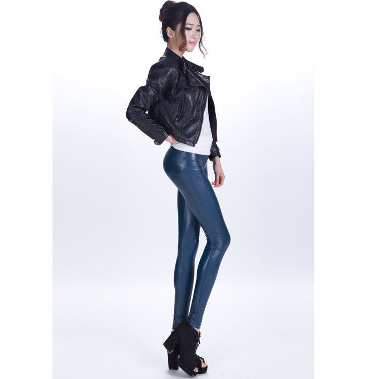 Pure Color Regular Waist PU Slim Leggings