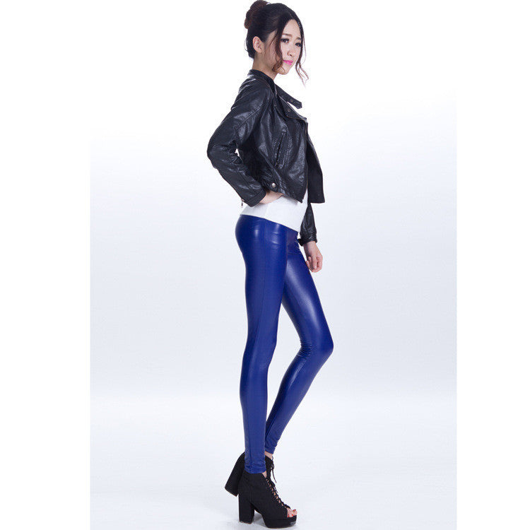 Pure Color Regular Waist PU Slim Leggings