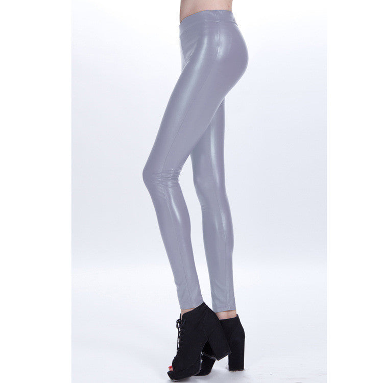 Pure Color Regular Waist PU Slim Leggings