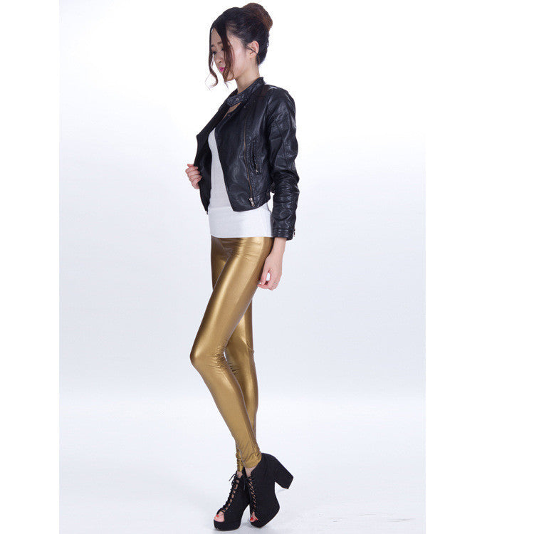 Pure Color Regular Waist PU Slim Leggings