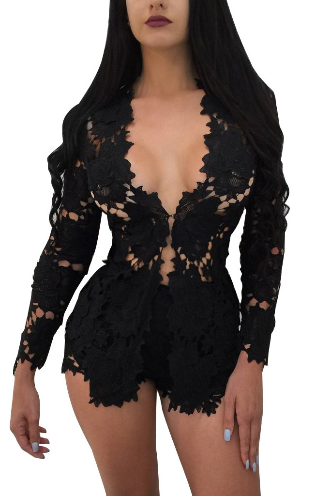 Lace Hollow-out Blazer with Shorts Two Pieces Set