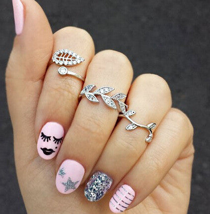 Crystal Leaves Three-Piece Ring Set