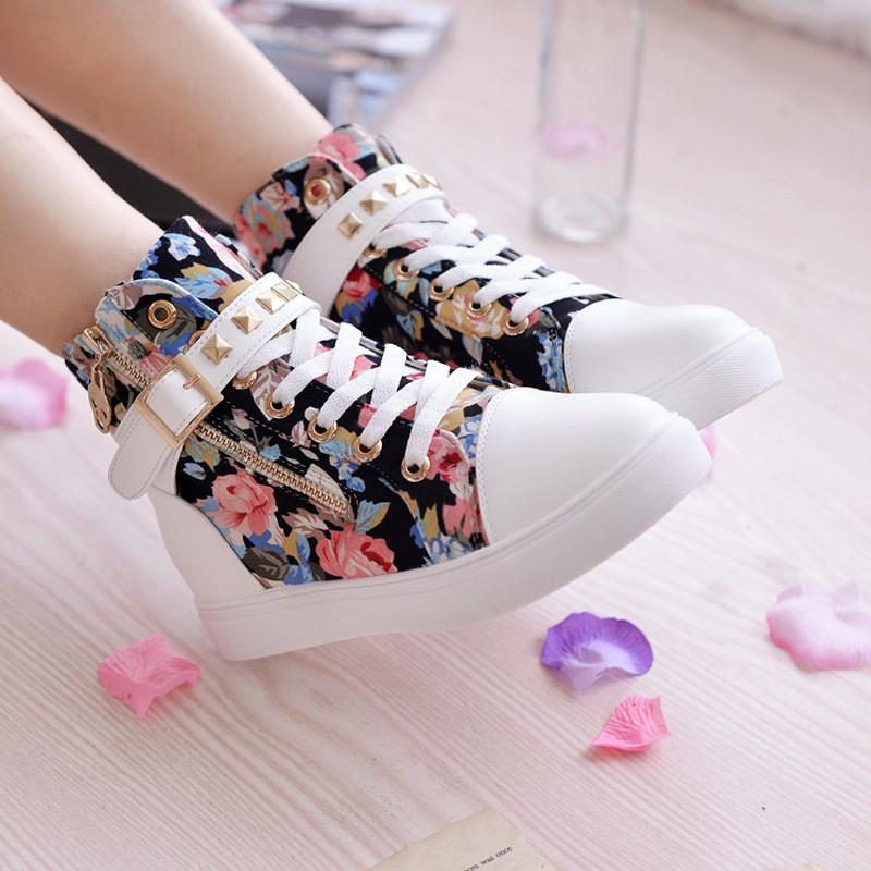 Cute Floral Print Skull Lace Up High Cut Women Sneakers - MeetYoursFashion - 4