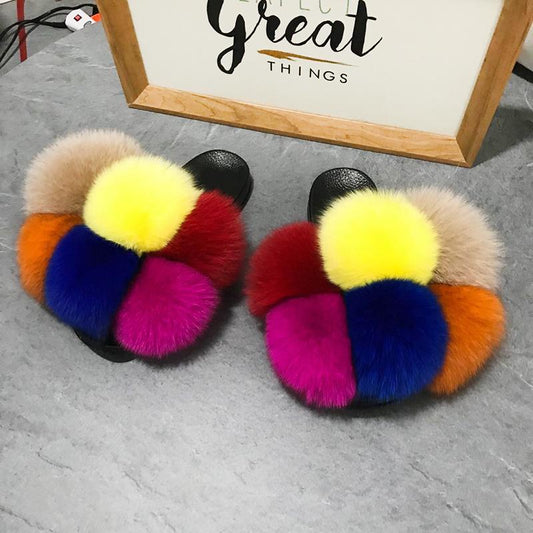 Color Matching Large Fur Real Natural Fox Fur Slides Colorful Fluffy Fur Slides Sandals Slippers Fashion Women Shoes