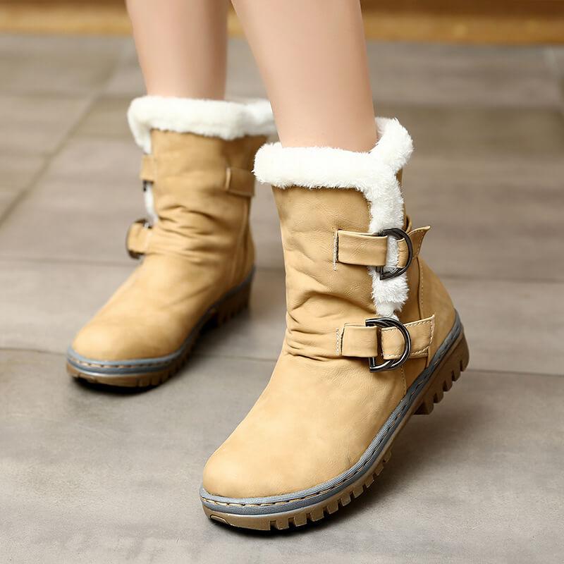 Winter Leather Buckle Low Chunky Heel Boots