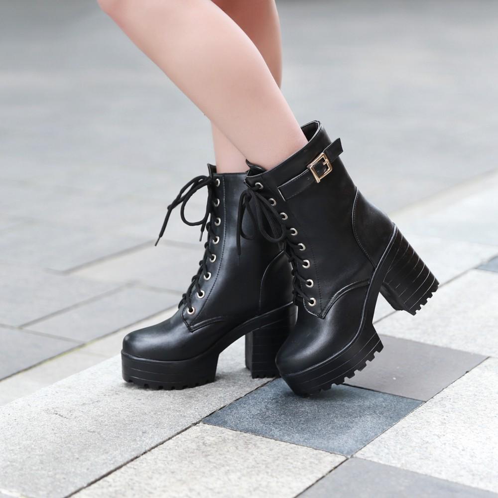 High Platform Lace Up Middle Chunky Heel Short Matin Boots