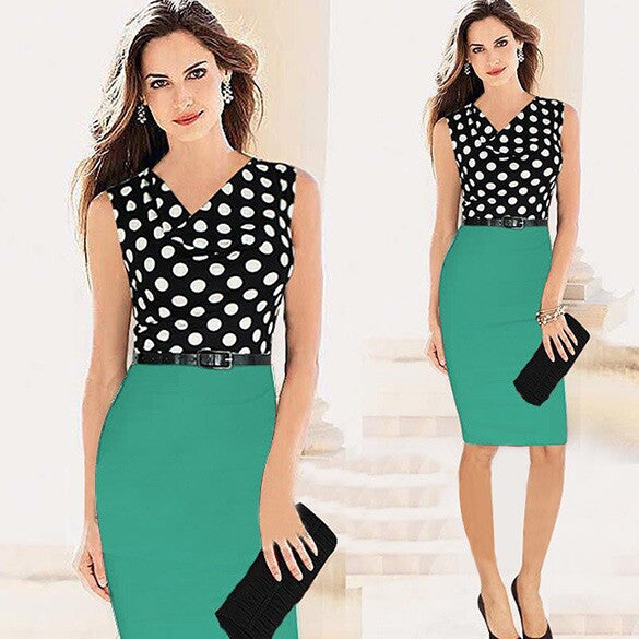 V-neck Sleeveless Splicing Slim Mid-Calf Dress