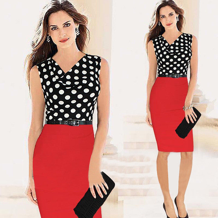 V-neck Sleeveless Splicing Slim Mid-Calf Dress
