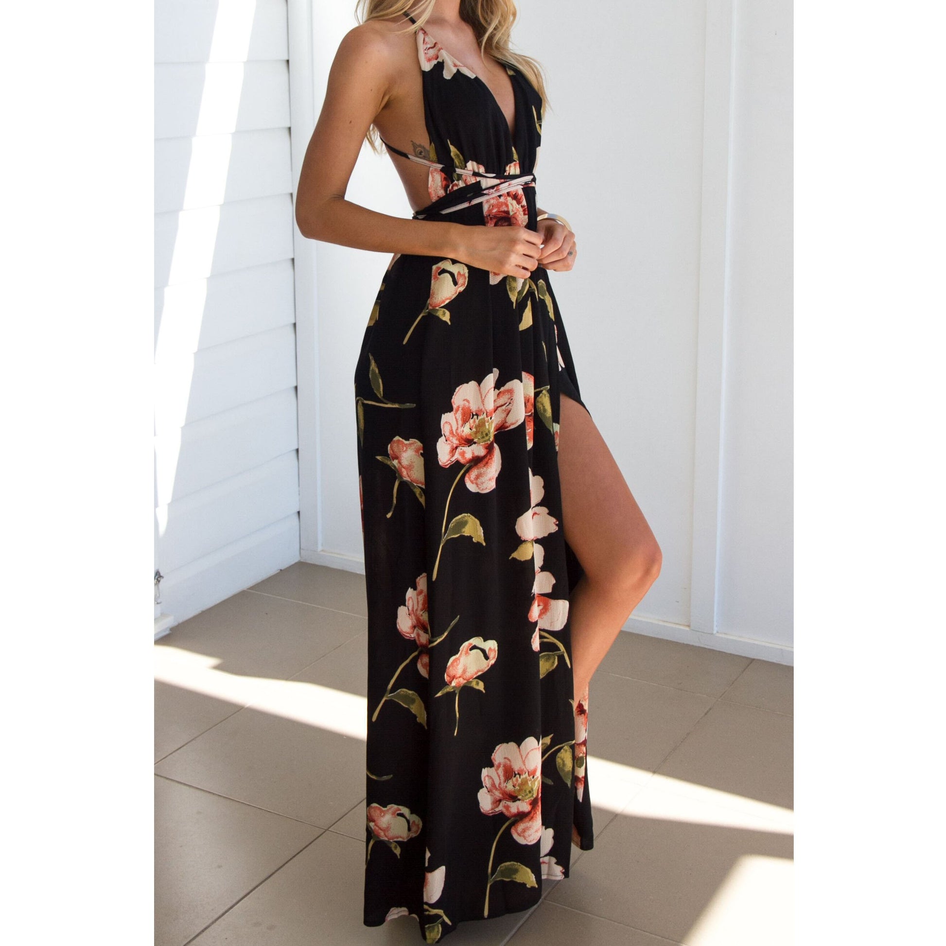 Flower Print V-neck Backless Sleeveless Long Dress