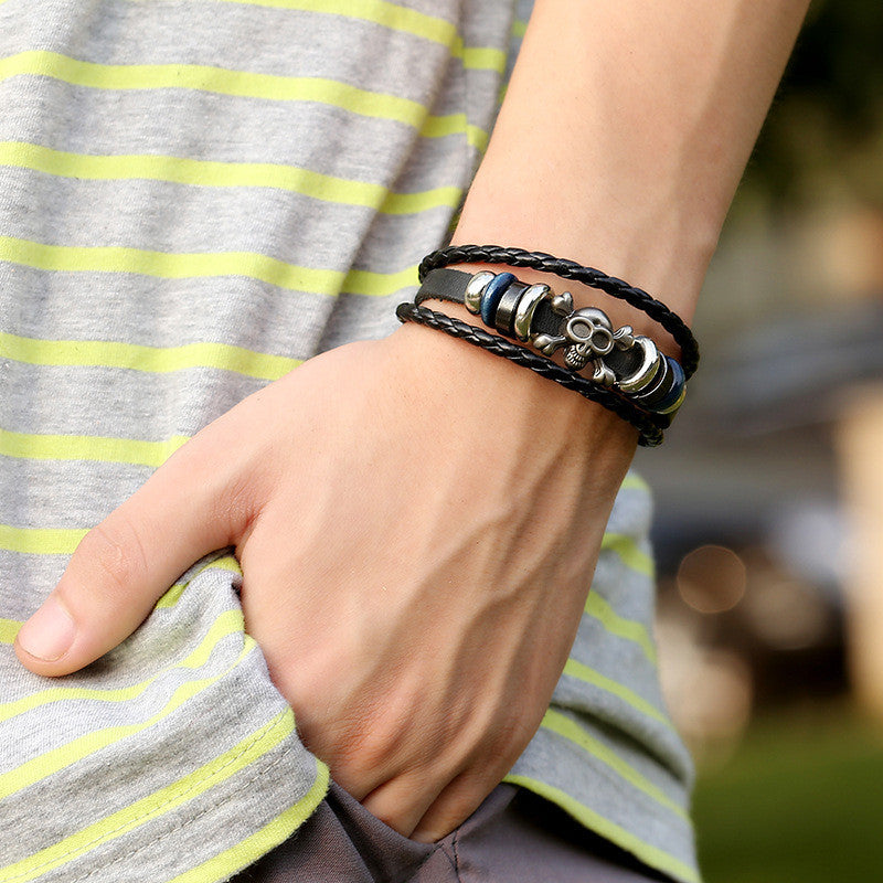 Retro Skull Woven Leather Bracelet