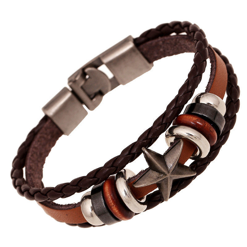 Retro Star Beaded Leather Woven Bracelet