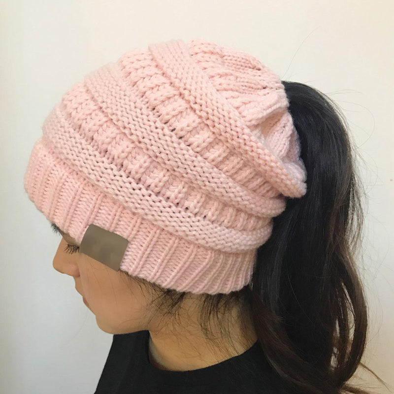 Women's Winter Outdoor Warm Wool Hat Empty Top Horsetail Knitted Hat