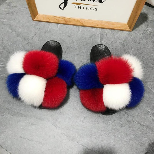 Color Matching Large Fur Real Natural Fox Fur Slides Colorful Fluffy Fur Slides Sandals Slippers Fashion Women Shoes